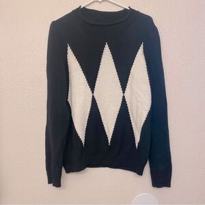 Elliott Lauren Black White Cotton Cashmere Crewneck Sweater argyle pattern L